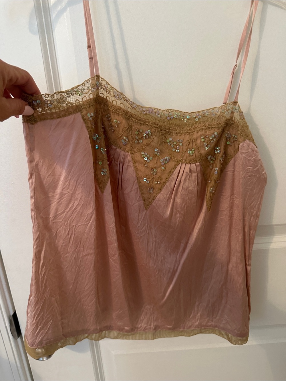 Moda International Blush Pink Satin Camisole with Gold Sequin Lace